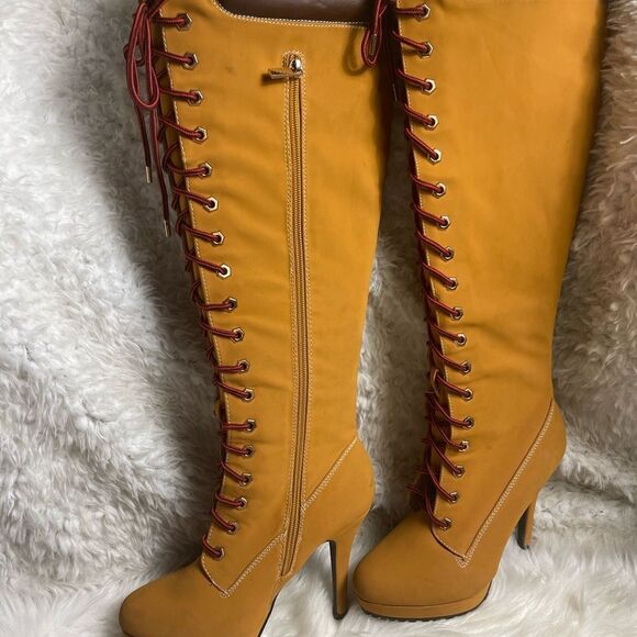 Bamboo Synthetic nubuck tan Combat knee high lace Up Stiletto Platform Boots SZ9 - Picture 6 of 12